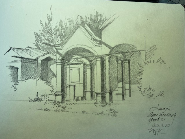 Eine Zeichnung von Willi Kleiner mit dem Alten Friedhof in Aeschach als Motiv Eine Zeichnung von Willi Kleiner mit dem Alten Friedhof in Aeschach als Motiv