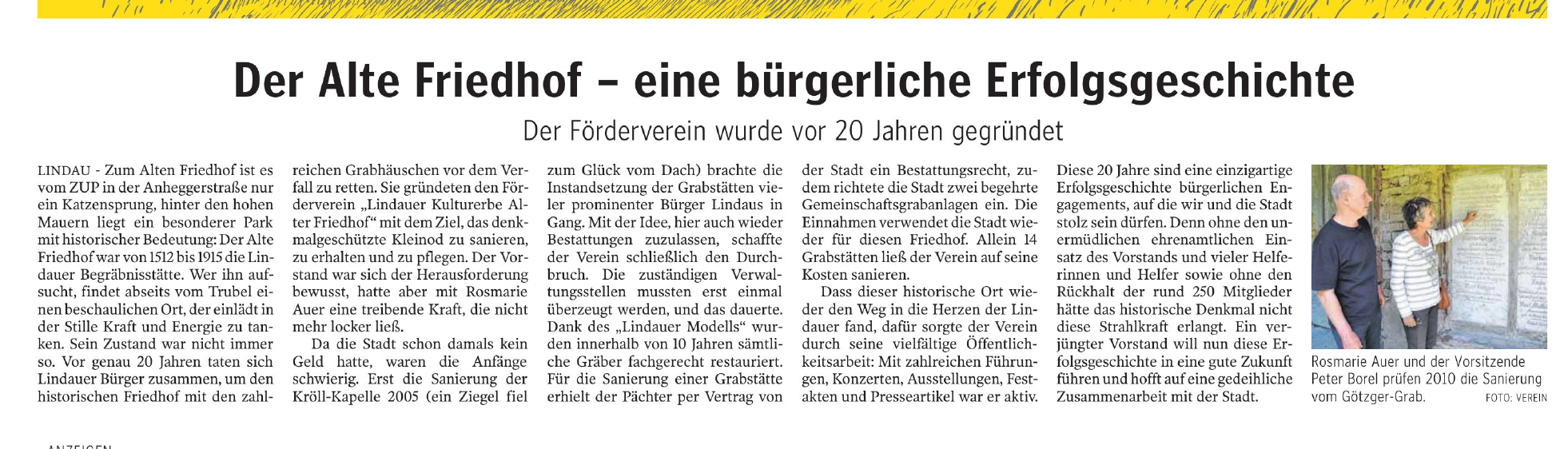 Eine Artikel der Lindauer Zeitung über das 20 jährige Bestehen des Alten Friedhofs
