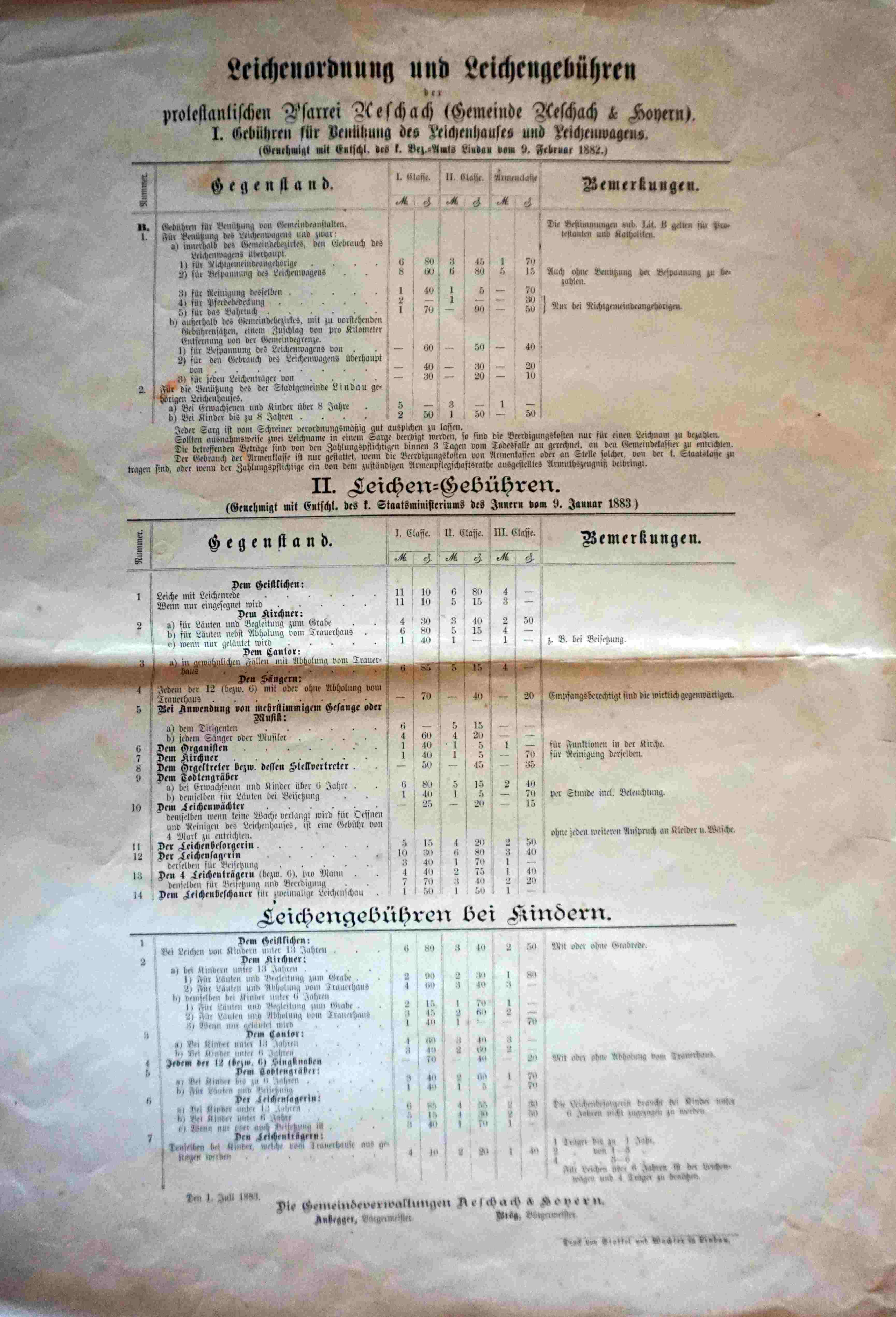 Leichenordnung und Leichengebühren der protestantischen Pfarrei Aeschach aus dem Jahr 1883