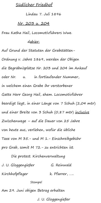 Dokument über den Kauf einer Grabstätte von Frau Katharina Hail