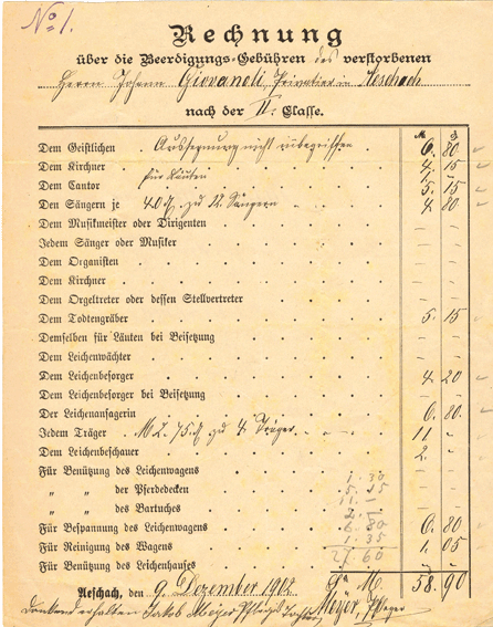 Beerdigungsrechnung von Herrn Joh. Giovanoli