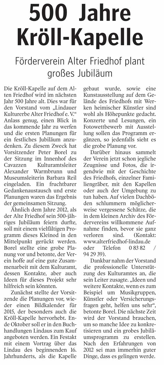 500 Jahre Kröll-Kapelle auf dem alten Friedhof Lindau 