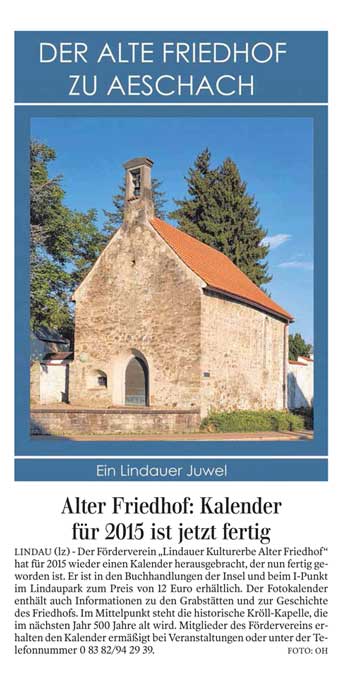 Jahreskalender 2015 des alten Friedhofs Lindau 